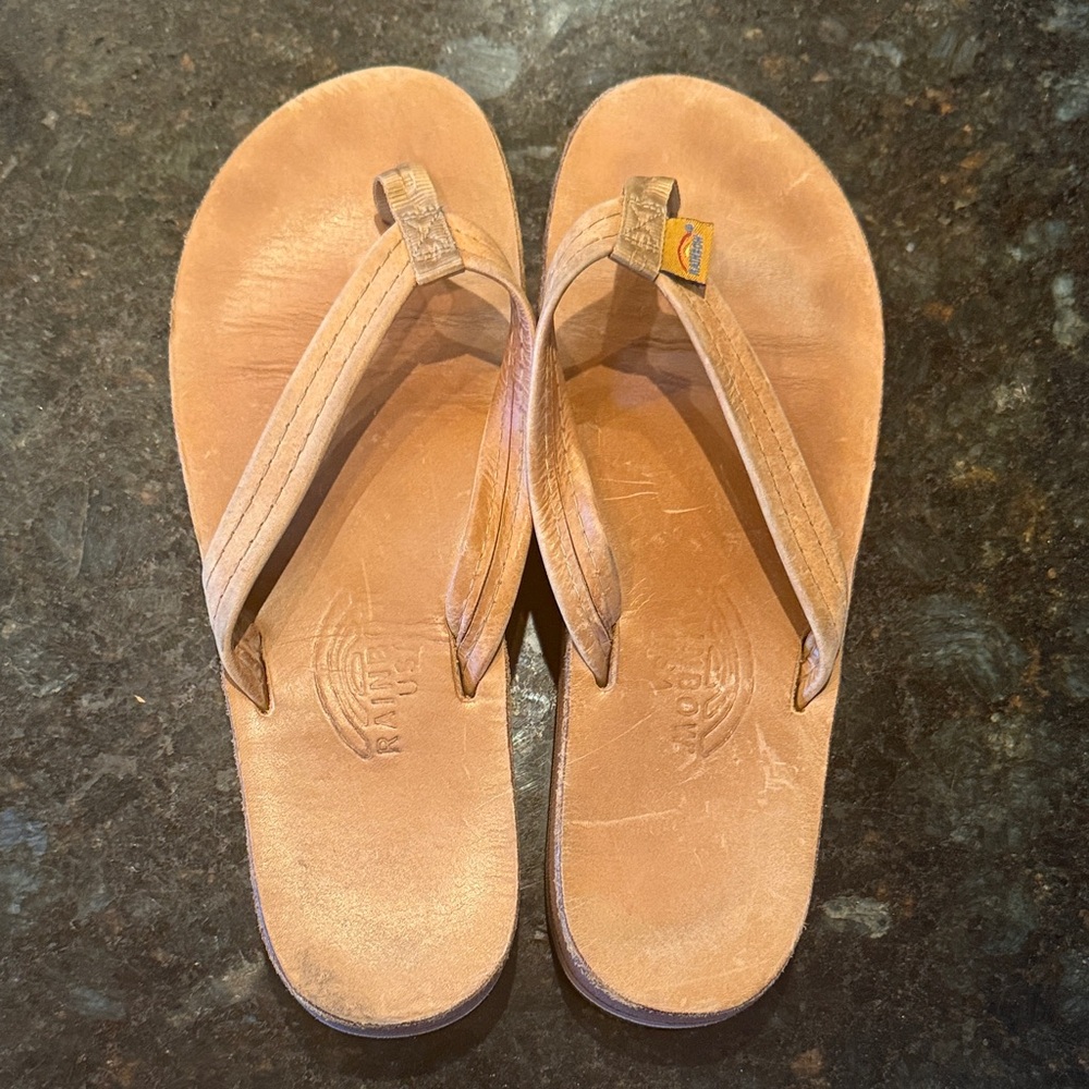 Rainbow Leather Tan Flip Flop Sandals
